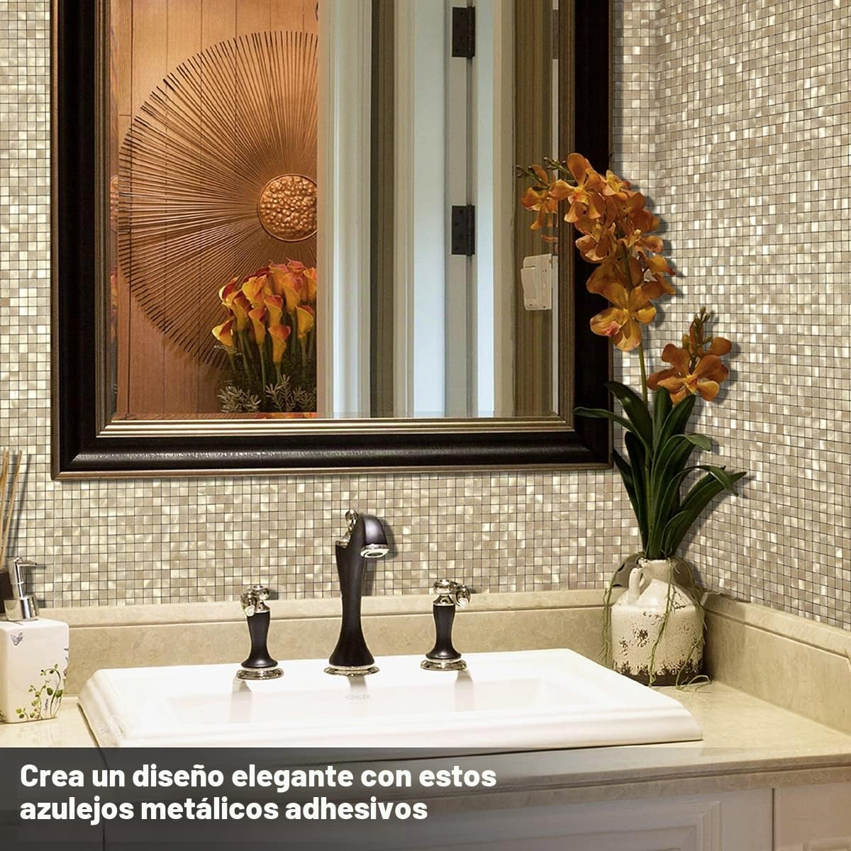 BeNice Pegatinas Azulejos Cocina Autoadhesivas Mosaico Dorado 10pzs