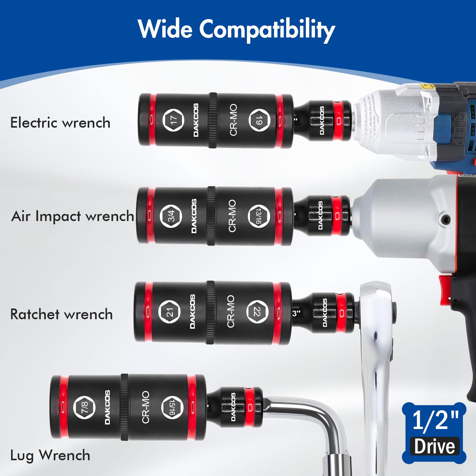 DAKCOS Set di chiavi a bussola a percussione con dado a testa doppia, con barra di estensione da 7,6 cm, sistema metrico 17-19 21-22 mm e SAE 3/4"-13/16", 7/8"-15/16", acciaio Cr-Mo