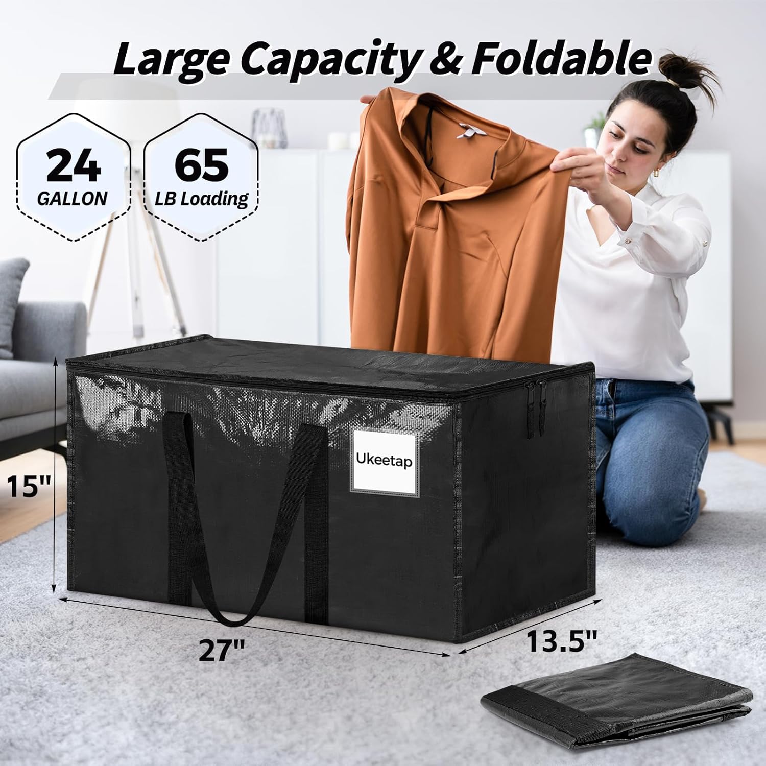 8 Pack Extra Large Heavy Duty Moving Bags, Black Storage Bins with Lids, Reinforced Handles & Heavy-Duty Zippers Moving Boxes Storage Bags Totes for Clothes Packing, Dorms, College Supplies, Black - Image 2