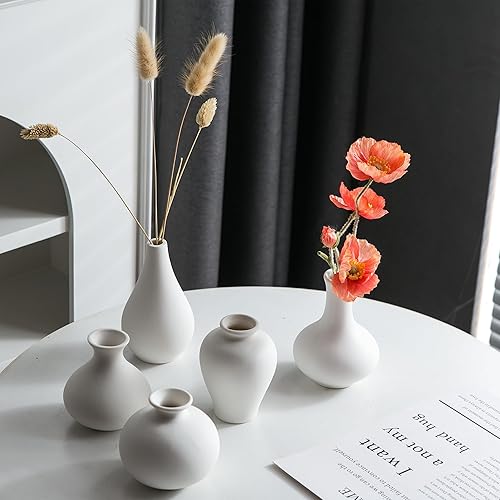 Miniatura 2 de Jarrones blancos pequeños, juego de 5 jarrones de cerámica para hierba de las pampas, flores, jarrones decorativos para decoración moderna del