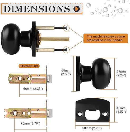 Miniatura 4 de Probrico Pomo de puerta de bola negra, función de paso para pasillo, armario, trastero, despensa, 1 paquete