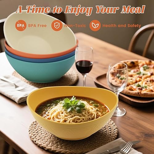 Miniatura 6 de Homienly Juego de 6 cuencos de paja de trigo de 60 onzas, cuencos de ensalada de gran capacidad, cuencos irrompibles para servir microondas y