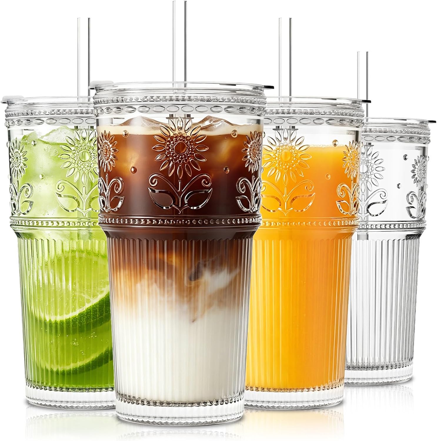 INSETLAN 20 oz Sunflower Glass Cups with Lids and Straws, Set of 4, Elegant Iced Coffee Cups for Coffee, Matcha, Smoothies, Juice, Cocktail and More, Leak-Proof Glass Tumbler for Daily Use and Travel