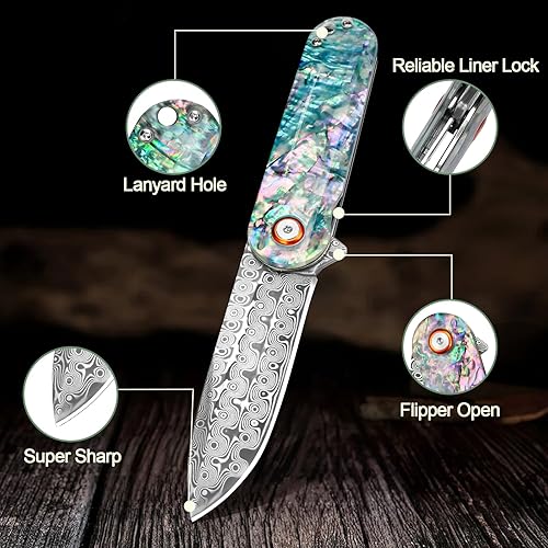 Vista 31 de Navaja de bolsillo con rompecristales, cuchillo plegable EDC Damasco con cortador de cinturón de seguridad, 3.35 pulgadas VG10 de hoja de acero