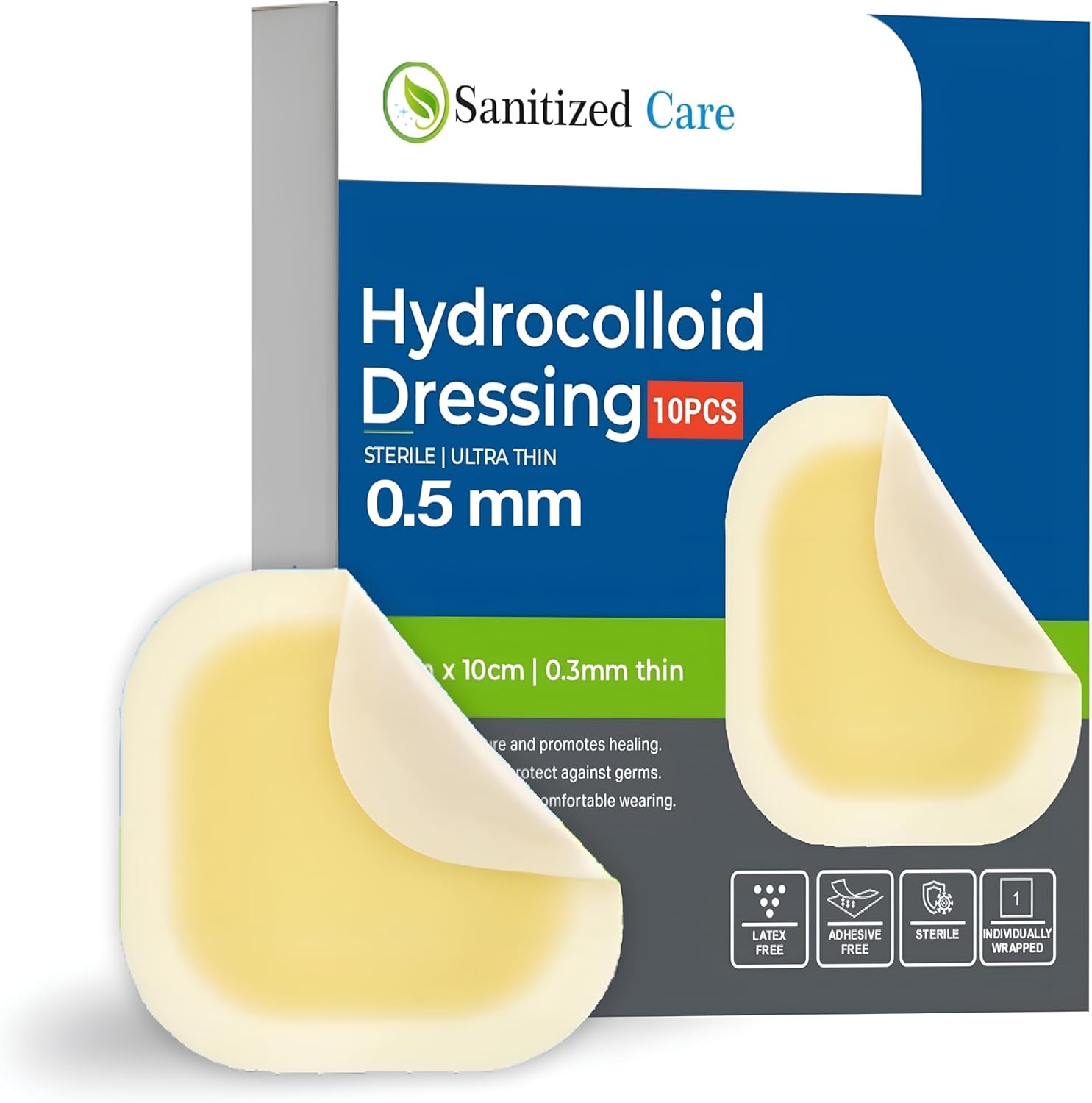 Hydrocolloid Dressing (10 Pack) 4x4 – 0.5mm, Thin Hydrocolloid Bandage, Wound Care Adhesive Pads for Acne, Blisters, Bed Sores & Ulcer
