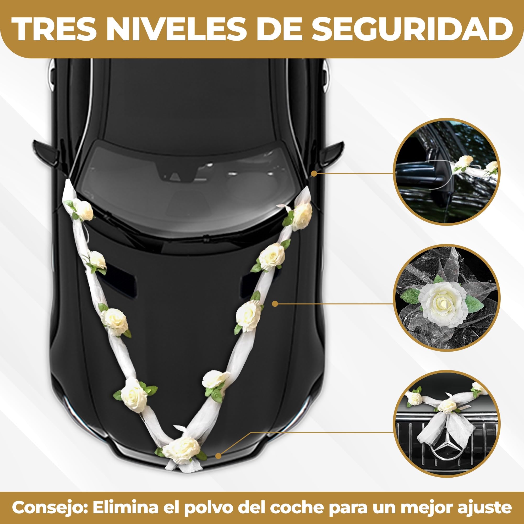 Nueva Vida Guirnalda de Flores de Seda para el Coche de Boda de 2 x 180 cm, Incluye 4 Extra Flores Individuales para Tiradores de Puerta