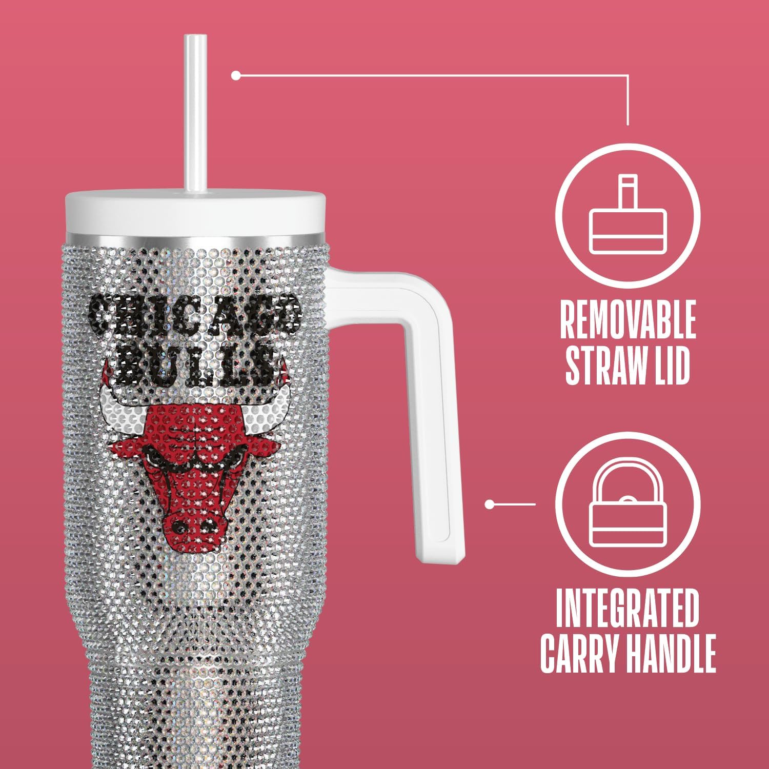 Hydrapeak x NBA Officially Licensed Chicago Bulls Voyager 40 oz Stainless Steel Bling Tumbler with Handle, Insulated Rhinestone Water Bottle With Straw & Lid, Includes Gift Box - Image 4