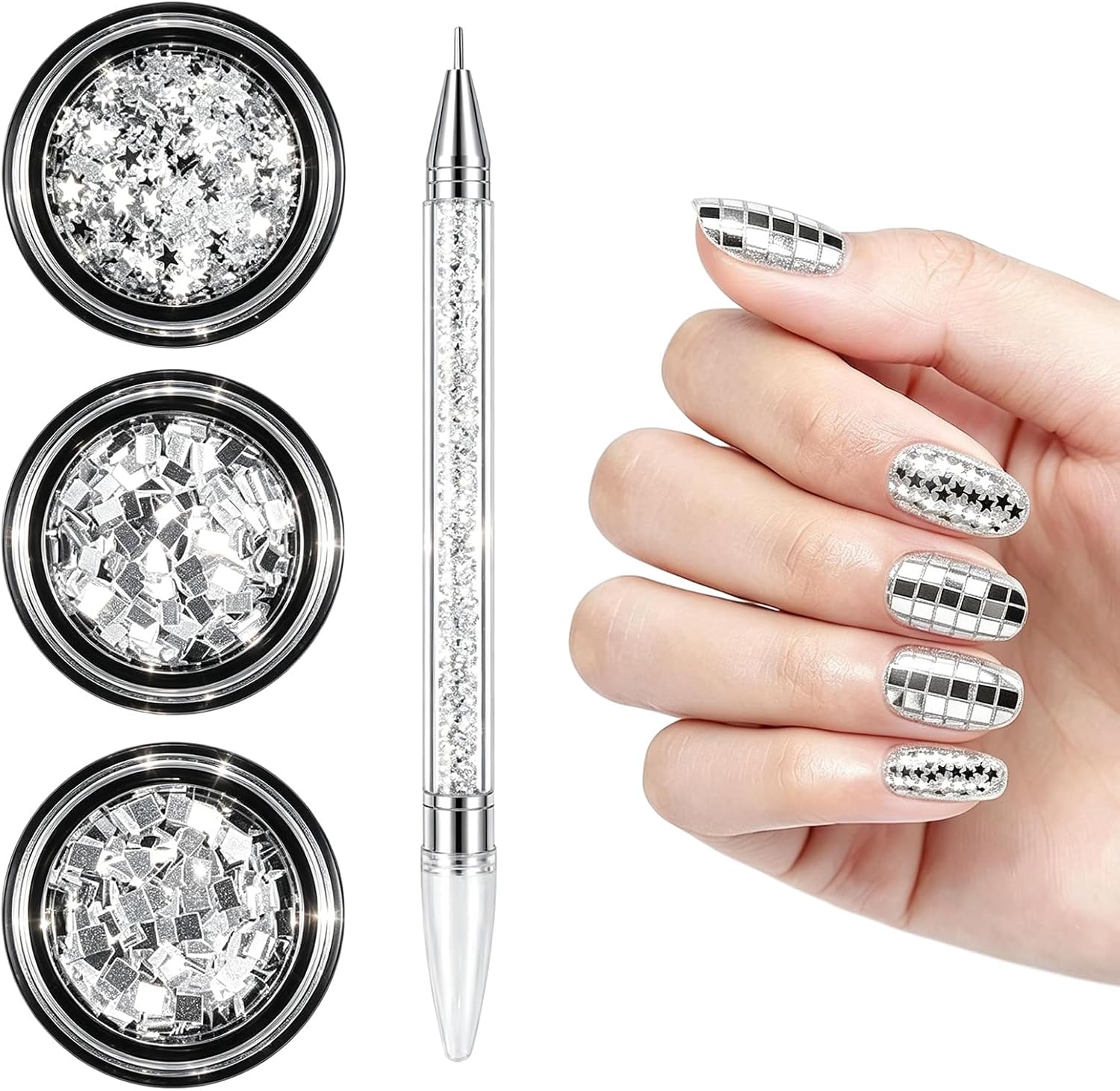 3Pcs Silver Holographic Laser Nail Glitter Set, 3mm Chunky Laser Sequins Flakes (Square Rectangle Star), for Disco Y2K Cyberpunk Nail Art, with Dual-End Wax & Metal Rhinestone Picker Pen (5.9 Inchs)