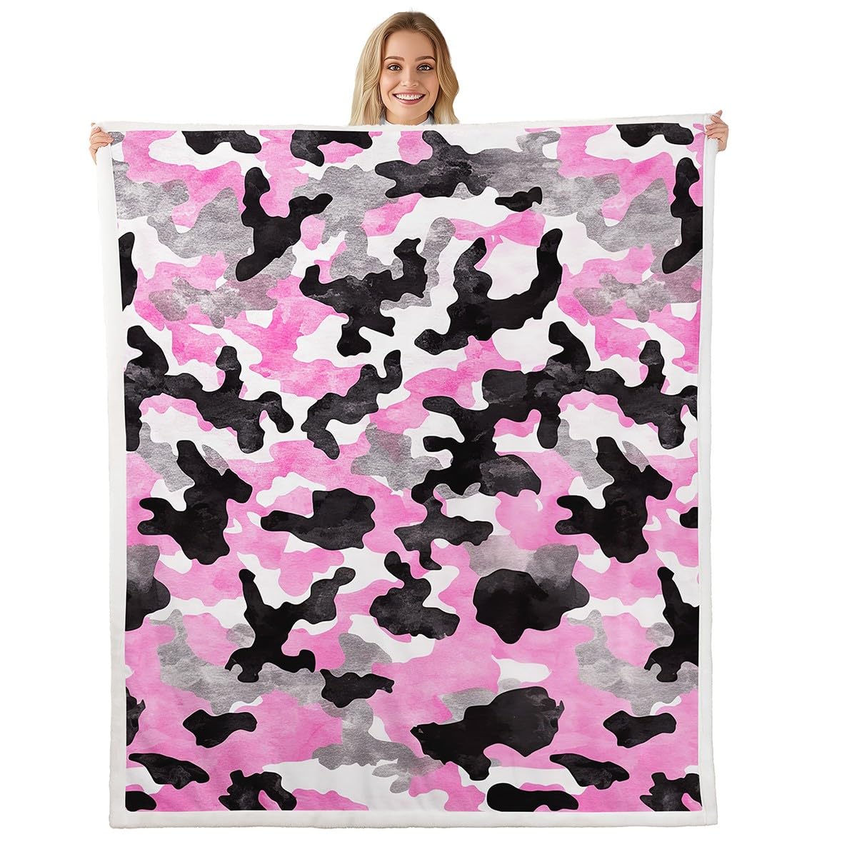 Erosebridal Pink Camouflage Throw Fleece Blanket for Girls Women, Black Pink White Grey Camo Sherpa Blanket, Soft Fuzzy Plush Colorful Modern