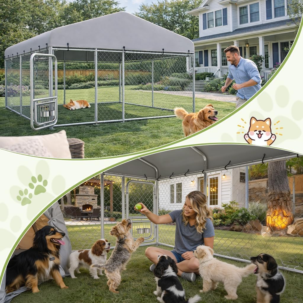 COMHOMA 10×10FT Outdoor Dog Kennel with Adjustable Bowls Feeder Heavy Duty Extra-Large Dog Enclosure with Roof & Lock All Weather Resistant for Medium Large Dogs