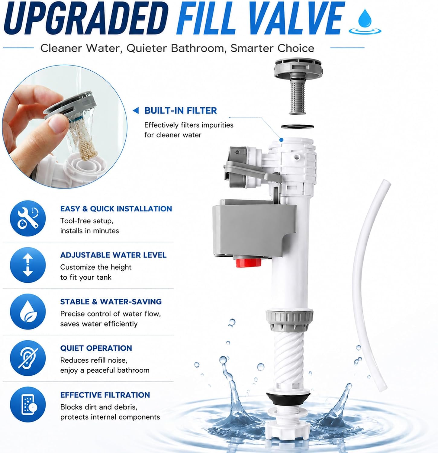 MinSha Toilet Fill Valve with Filter, Adjustable Universal Replacement Kit | washable filter traps sediment and helps protect the fill valve in hard water environments toilet float replacement kit