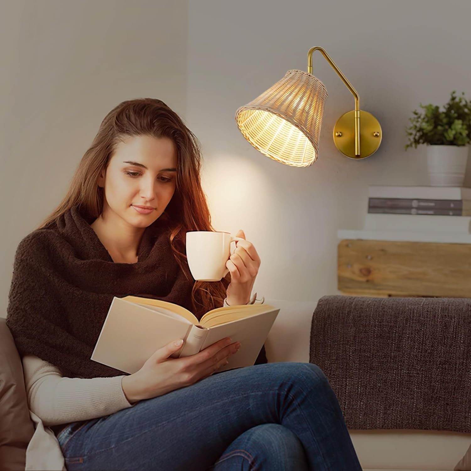 Boho Battery Operated Wall Sconce, 100% Natural Rattan Wall Sconces Set of Two Battery Operated, Adjustable Battery Wall Sconce, Remote Rechargeable Sconce, Wirless Battery Sconces for Bedroom