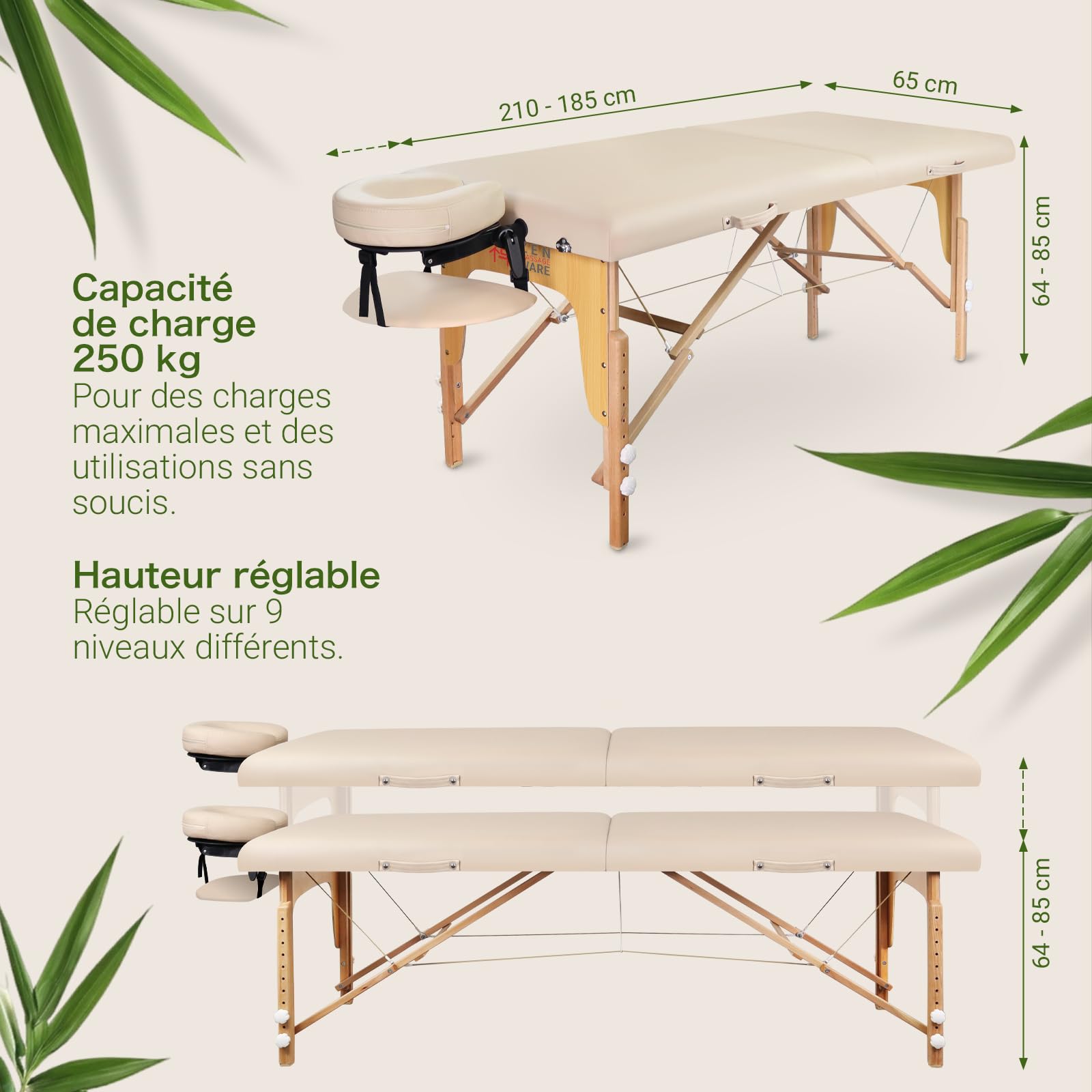 Zen Table de Massage Pliante professionelle - lit esthetique Table Tatouage, Extension de Cils en Bois et Hauteur réglable, Portable avec Appui-tête réglable, accoudoirs, Sac de Transport (Crème)