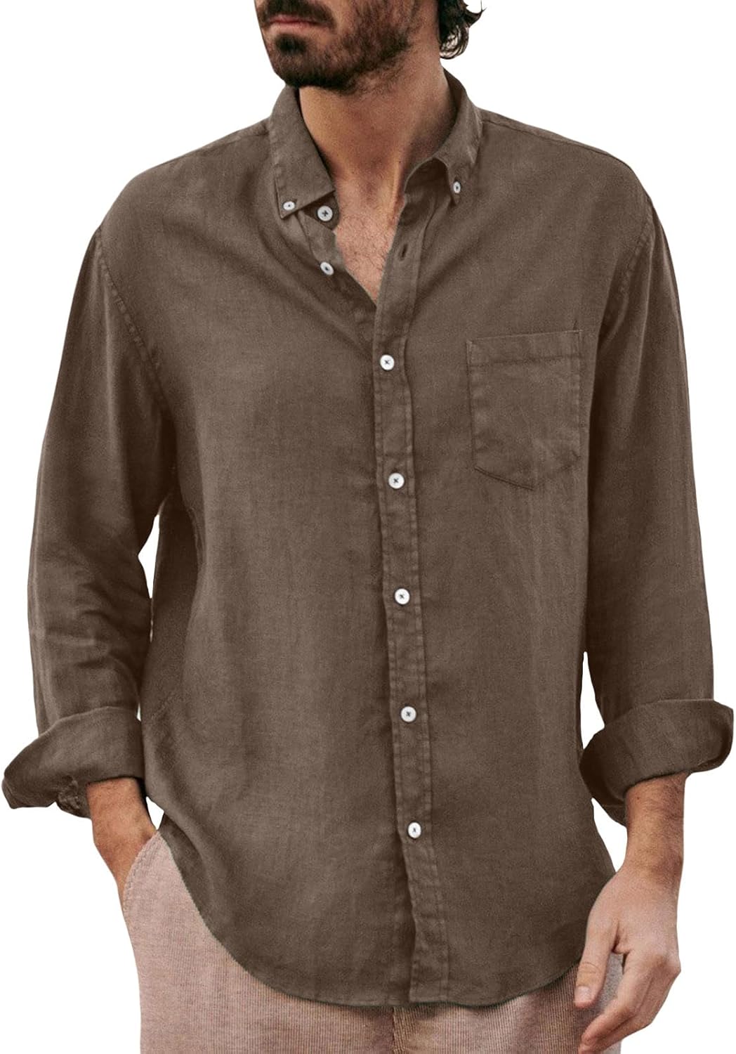 Mens Button Down Shirt Casual Long Sleeve Spread Collar Cotton Linen Shirts Summer Lightweight Beach Tops