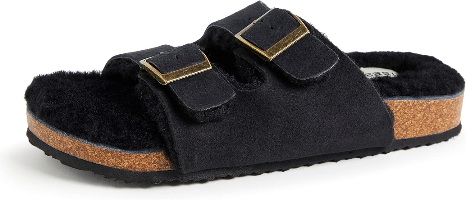 Dearfoams Women's Fireside Tamworth Shearling Slide Sandal with Cork Footbed and Adjustable Buckles, Black, 9
