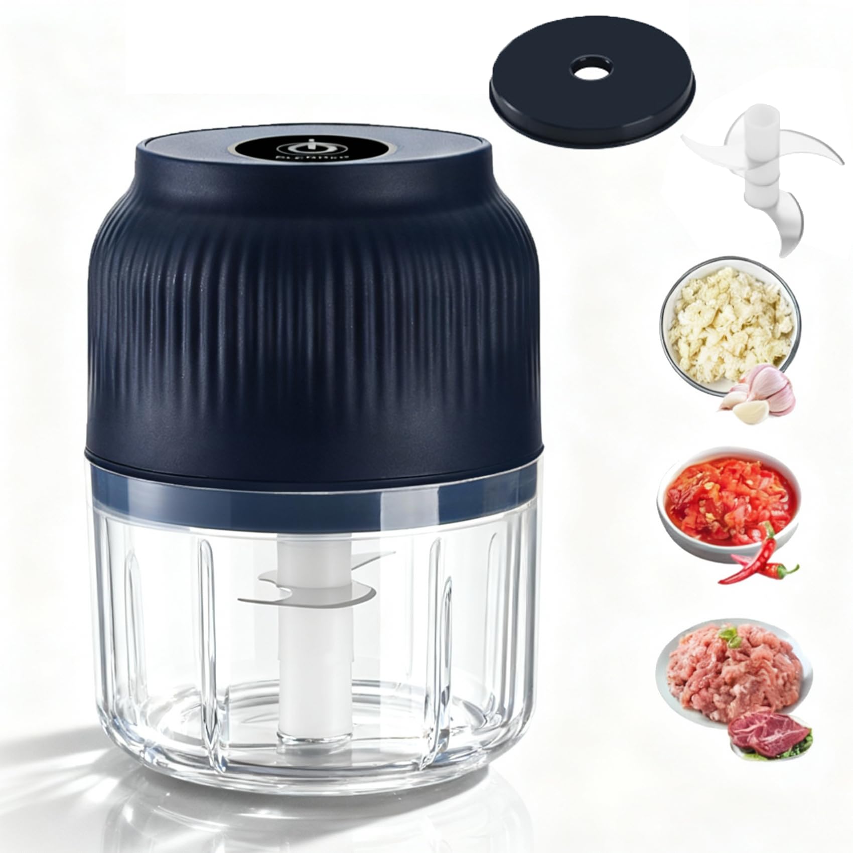 Household Electric Garlic Crusher and Chopper, 350ml Garlic Mincer Electric with Lid, 6 Blades Mini Food Shredder for Garlic, Onion, Ginger, Chili, Spices and Fruit (4 blades blue)