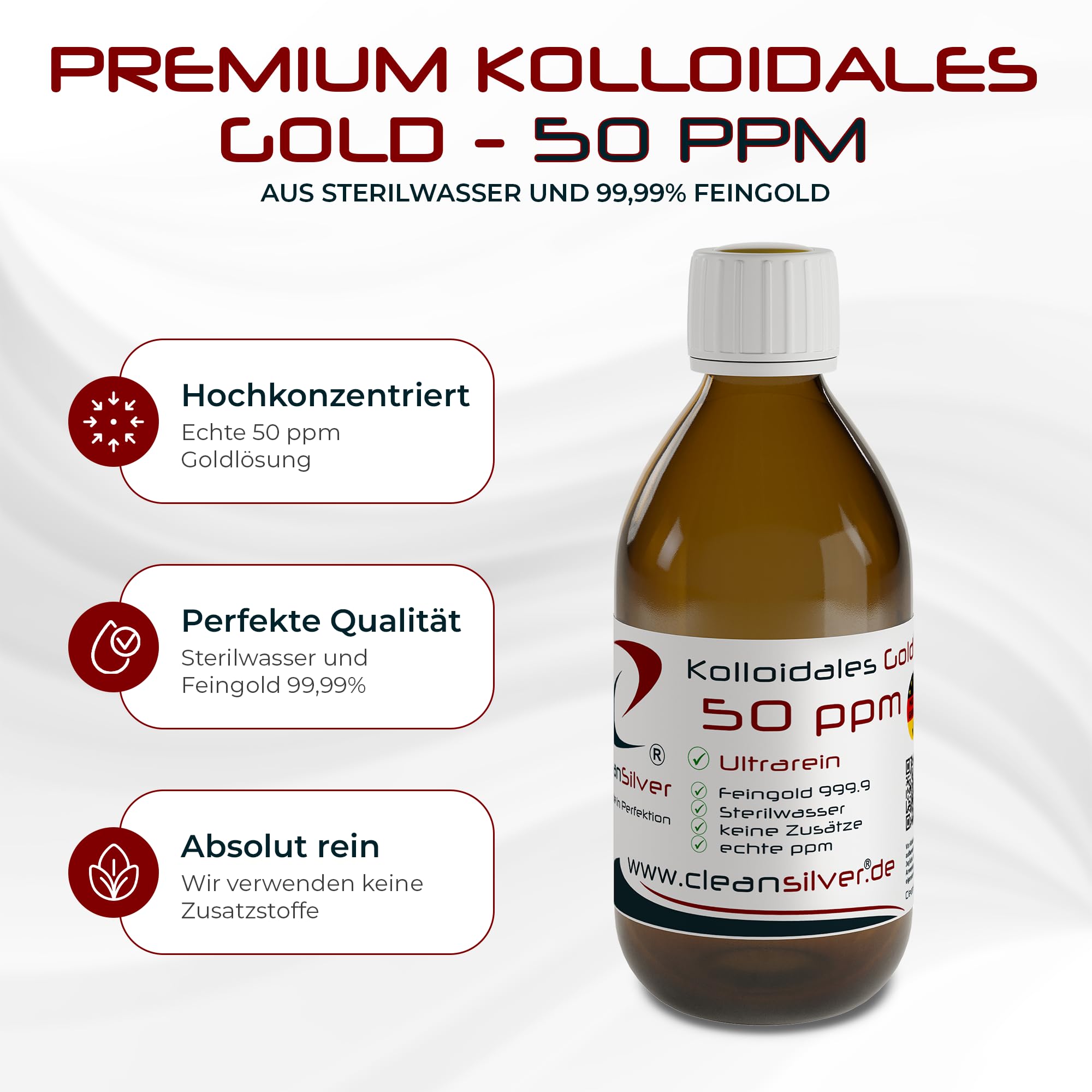 CleanSilver Kolloidales Gold 50 ppm 250ml, Ultrarein: Sterilwasser und Feingold 99,99% - Made in Germany- Stets frische Herstellung - keine Lagerware!
