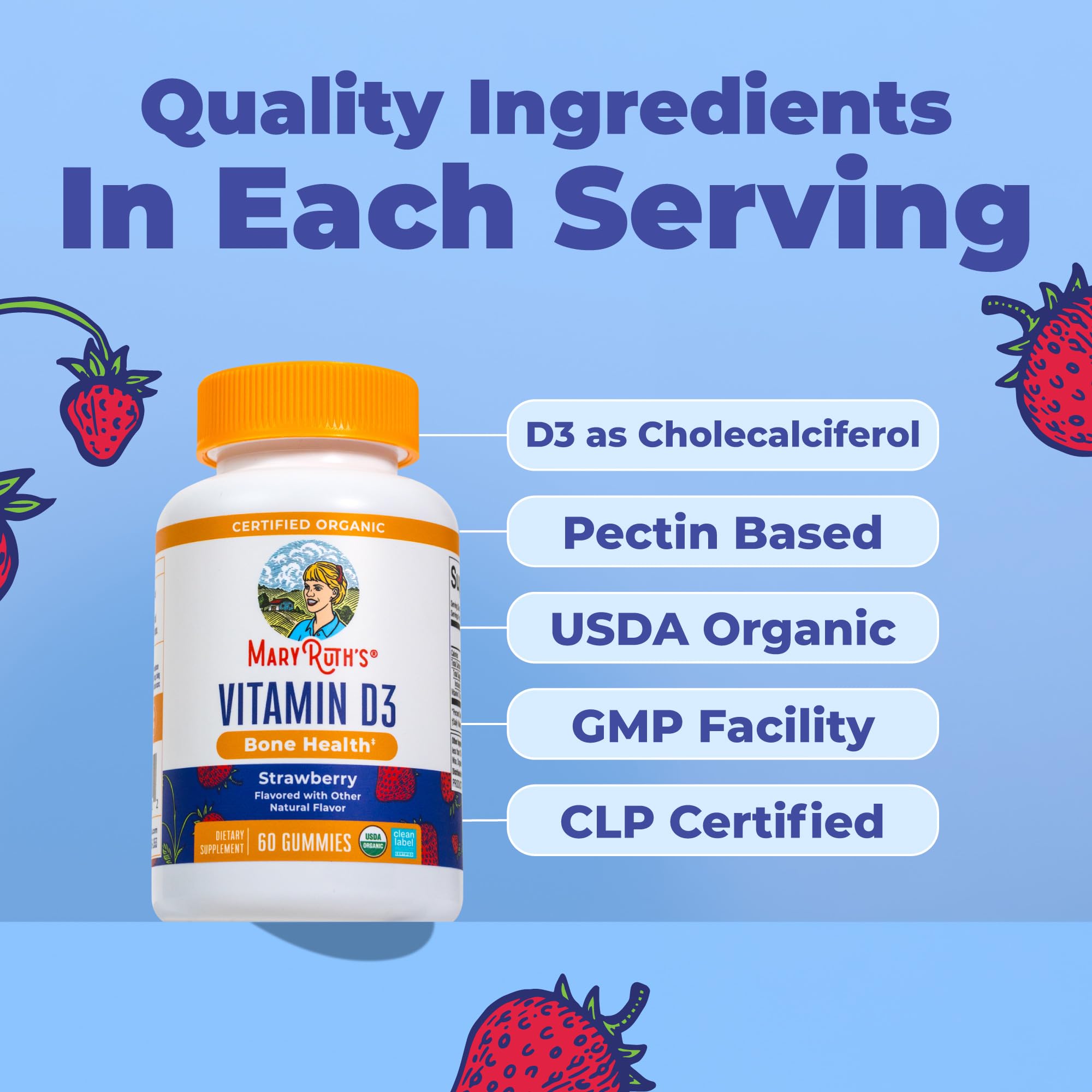 MARYRUTH'S USDA Organic Vitamin D3 Gummies for Ages 4+, Strawberry, 60 ct — Amazon image 5
