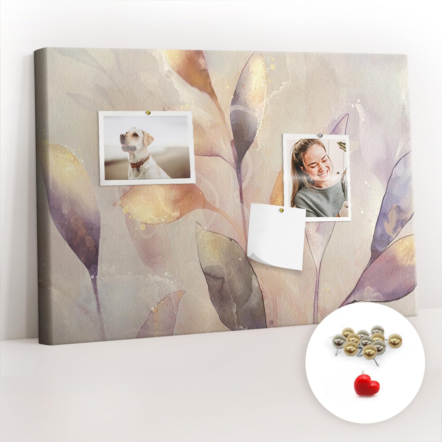 Pinnwand Korkmaterial Set inkl. Stecknadeln | Funktionale Infotafel für Büro, Schule, Küche | Organisation von Aufgaben, Notizen, Terminen, Fotos, Projekten 60x40 - metallisch - Aquarell-Natur