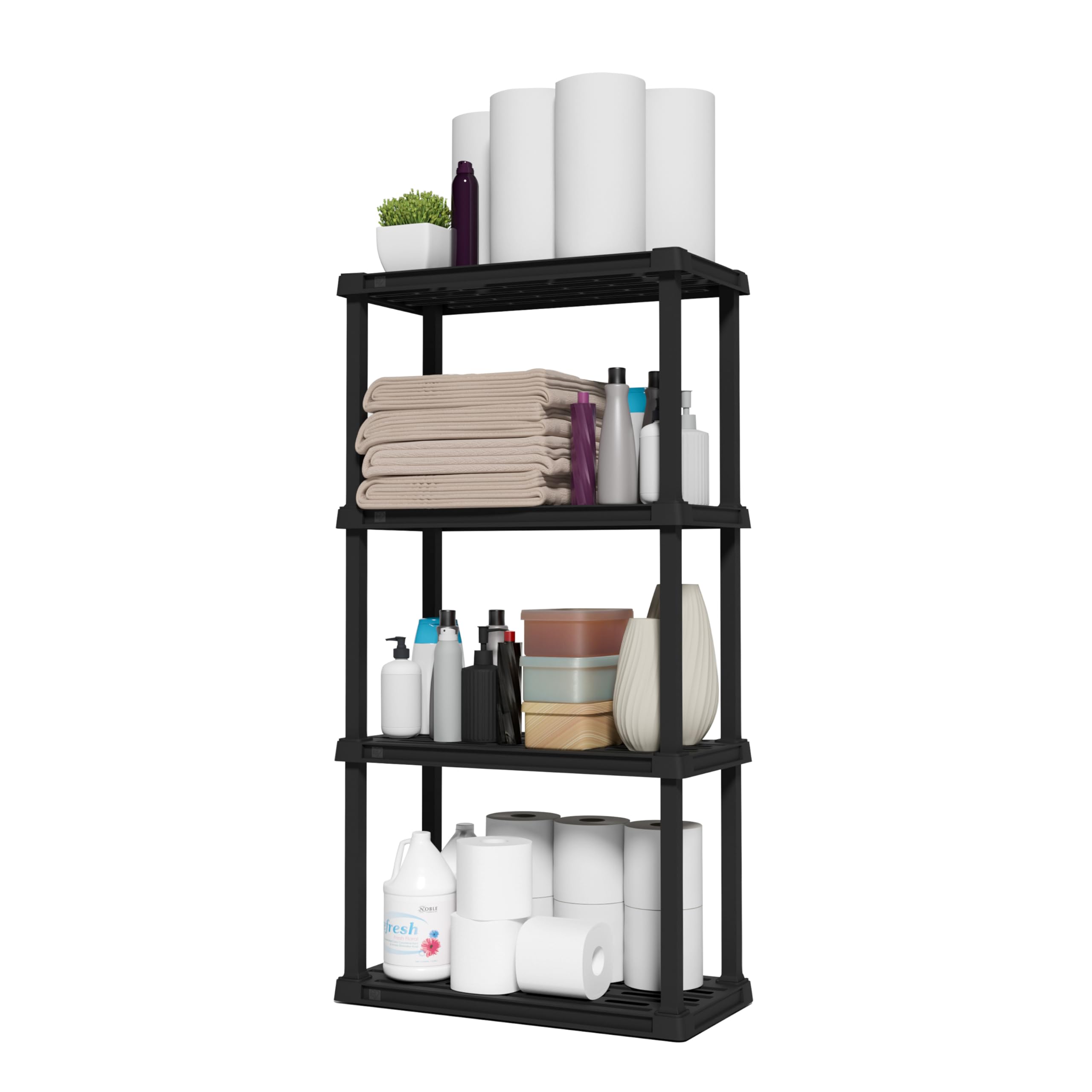 IRIS USA 4-Shelf Light Duty Plastic Storage Shelves, 200lb Capacity, 48"H x 24"W x 12"D, Medium Modular Shelving Unit Storage Organizer for Bathroom, Laundry, Garage & Home, Storage Rack - Black