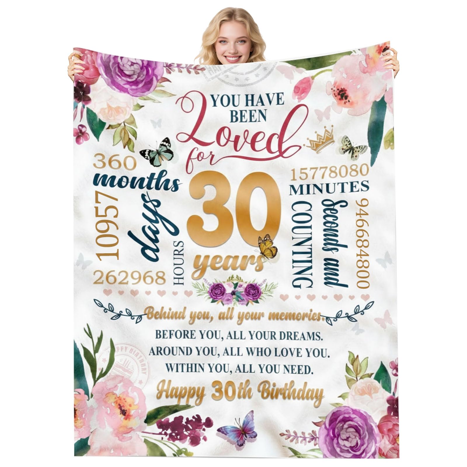 30th Birthday Gifts for Women, 50" x 60" Flannel Throw Blanket, 40-70 Year Old Present for Her, Gift for Her, Happy Birthday Gift Ideas for Ladies, Mom, Grandma, Wife, Sister, Friends