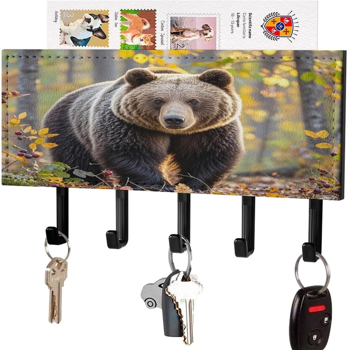Key Holder Wall Mount Key Hanger with 5 Hooks, Decorative Key Rack | Brown Bear in Autumn Hanging Key Hooks with Mail Organizer for Wall Living Room Kitchen Bathroom Hallway