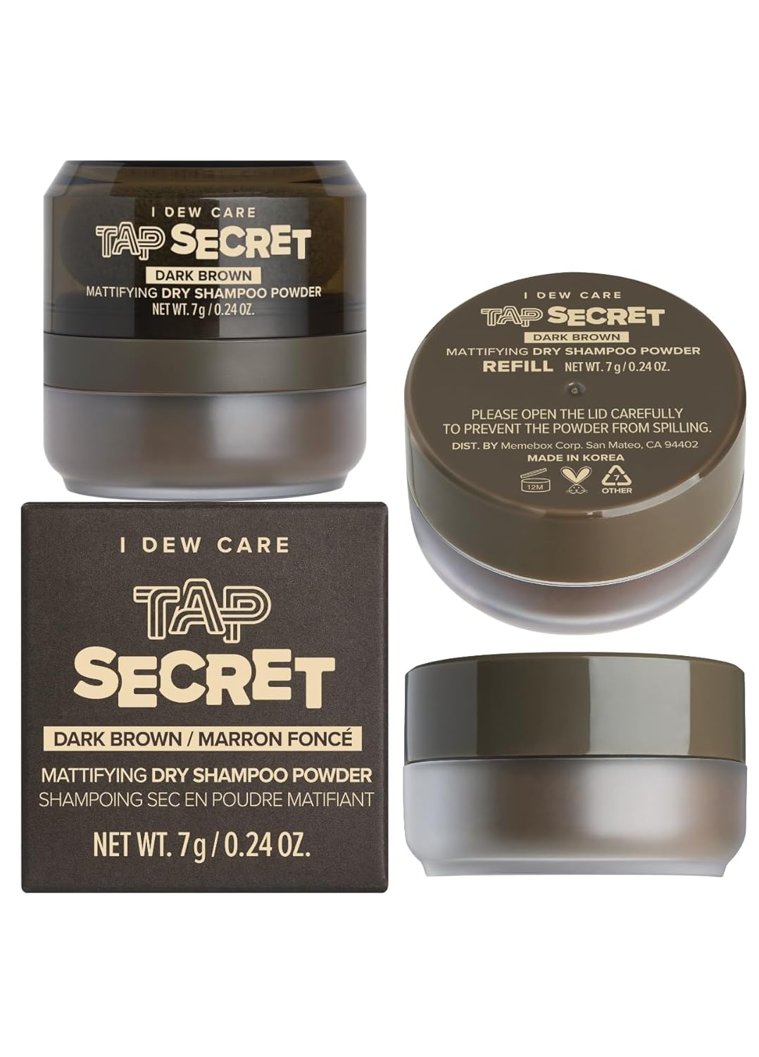 I DEW CARE Dry Shampoo Powder Set - Tap Secret Dark Brown + Refill | Strengthening & Volumizing, Powder Type, Refillable, Travel size, Non-aerosol, Brunette, Korean Ginseng, 0.26 Oz
