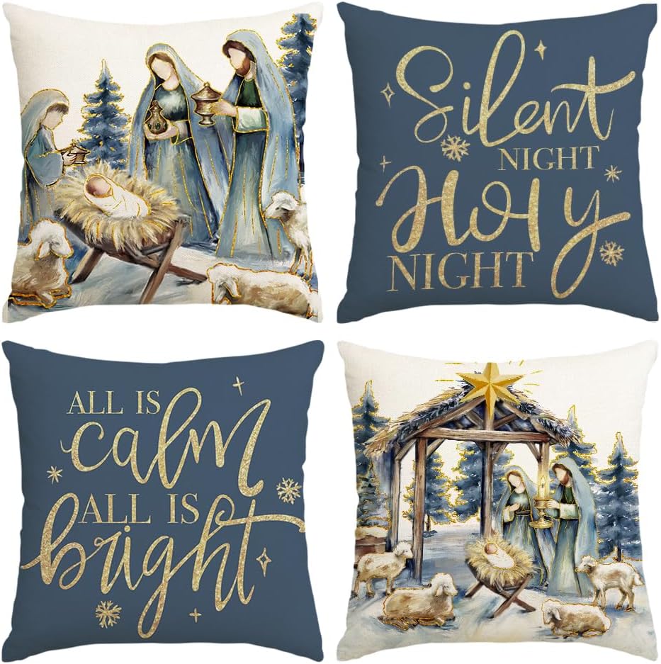 Christmas Pillow Covers 20X20 Inch Set of 4, Nativity Scene O Holy Night Jesus Snowflake Holiday Decor, All is Calm All is Bright Pillowcases for Sofa Couch Winter Home Decoration