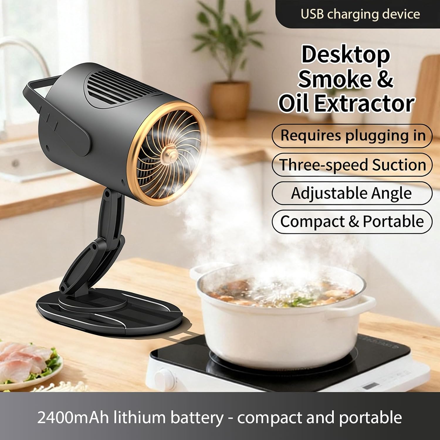 Portable Desktop Range Hood, 3-Speed Suction, Desktop Compact Range Hood, Double Layer Activated Carbon High-Absorption Cotton Replace Filter, Low Noise Kitchen Exhaust Fan (Rechargeable Type)