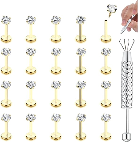 CASSIECA 20Pcs 16G Piercing Labret Levre Piercing Tragus Acier Inoxydable Piercing Oreille Piercing Helix Piercing Conch Percing au Nez Chirurgical avec 3mm CZ Piercing Bijoux Piercing 6/8/10mm - 1