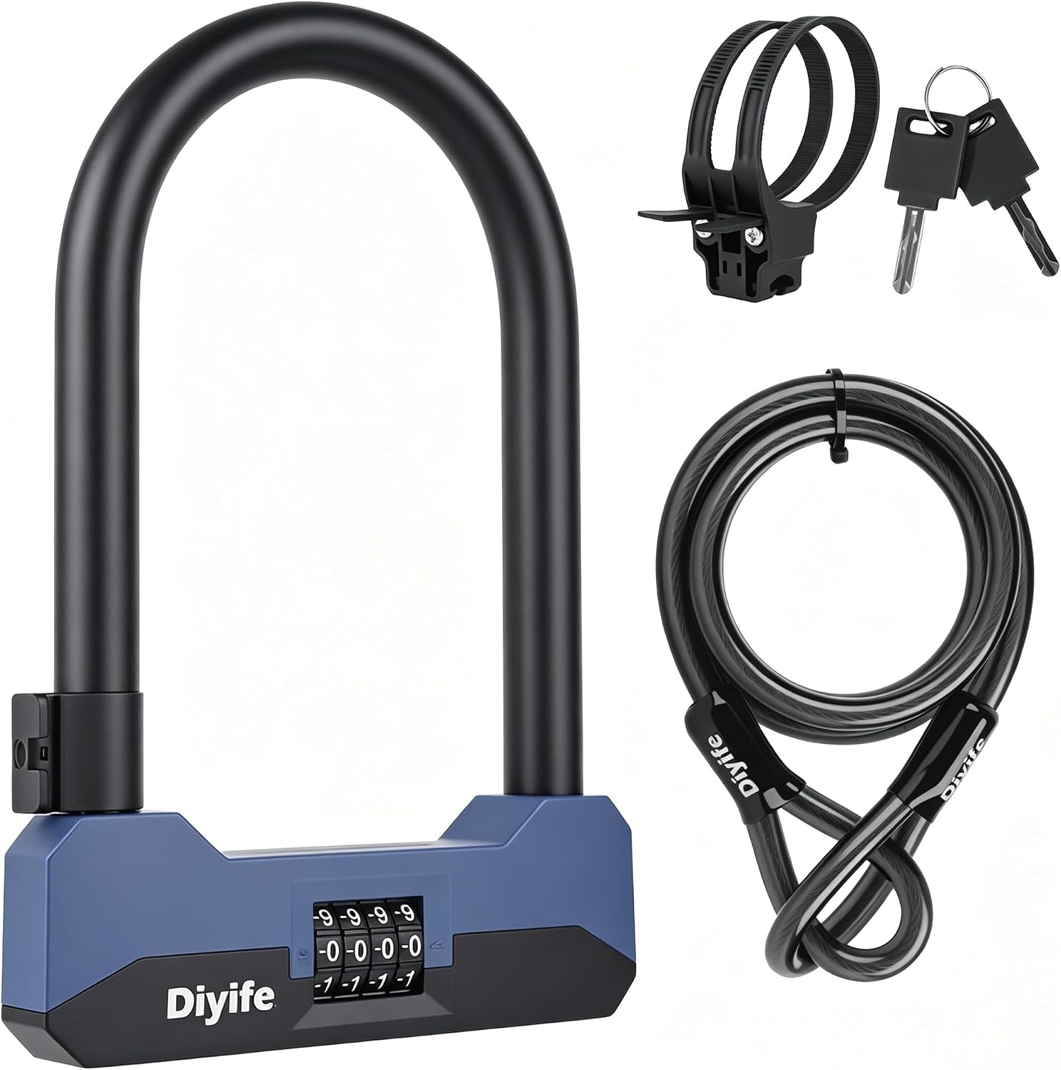 Diyife 18mm Combination Bike U Lock, Large Bike Lock Heavy Duty Anti Theft | 5FT Steel Cable, 4-Digit Security Bicycle Lock with Keys and Mounting Bracket for Ebike, Scooter, Motorcycle,10.24