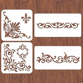 INFUNLY 4PCS Corner Stencils for Painting Vintage Flower Border Stencil Large Square Lace Tile Stencil Reusable Damask Furniture Stencils for Wood Canvas Paper Fabric Floor DIY Craft