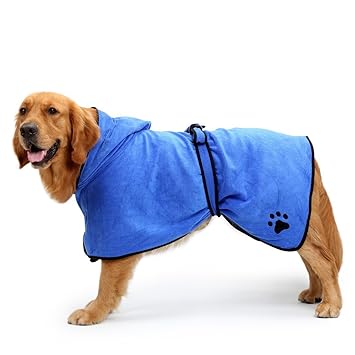 BONAWEN Dog Bathrobe Soft Super Absorbent Luxuriously 100% Microfiber Dog Drying Towel Robe with Hood/Belt for Extra Large,Large,Medium,Small Dogs (Blue,S)