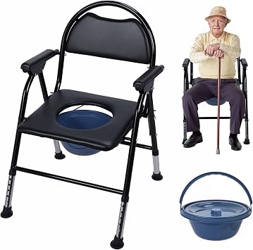 Folding Bedside Commode Chair for Elderly,Adjustable Height Portable Toilet Seat with Handles,Potty Chair for Adults,Anti-Slip Commode Toilet for Seniors/Disabled/Bariatric,330lbs Capacity Black