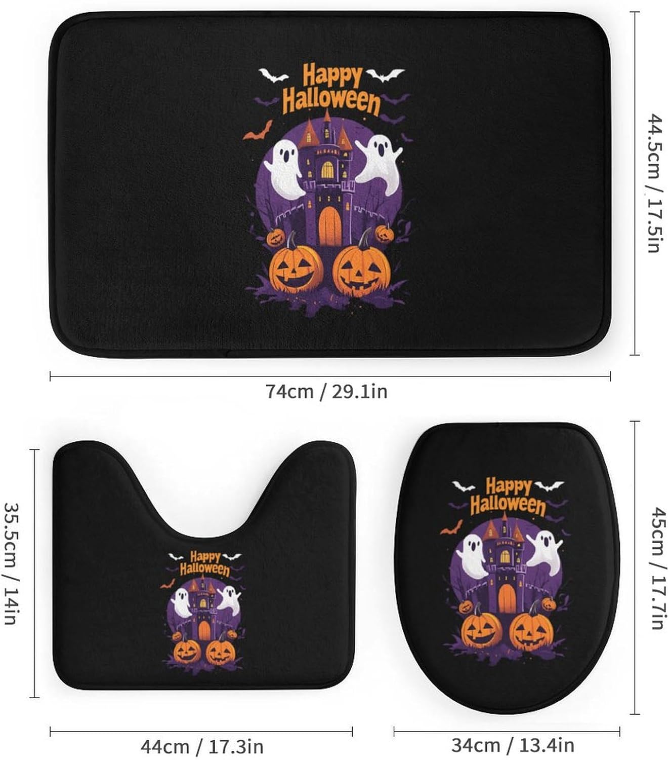Halloween-Themed Pumpkins Ghosts Modern Bathroom Sets with Shower Curtain and Rugs Decor 4 Pcs with 12 Hooks