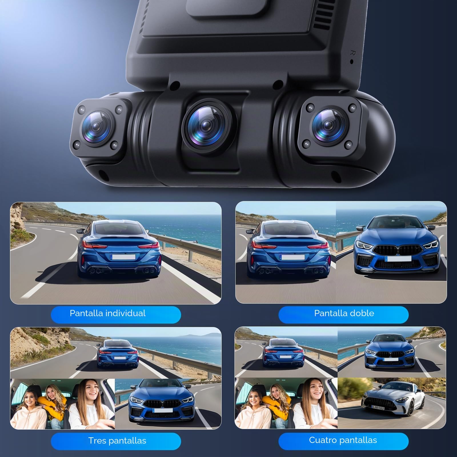 Hodozzy 2K Dash CAM Coche con 4 Cámaras 360°Delantera y Trasera Giratoria Izquierda Derecha, Pantalla 3 Pulgadas, Monitor Modo Aparcamiento, WiFi & App, Visión Nocturna y Grabación, Sensor G, Tarjeta