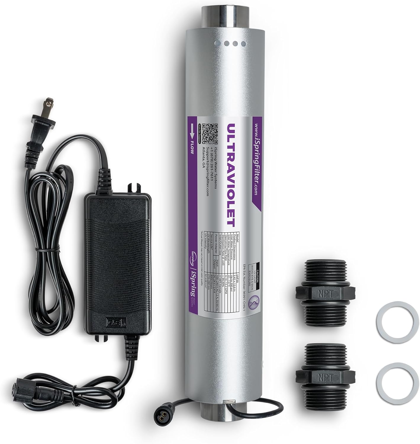 iSpring UVF50 LED UV Water Filter System, Whole House Ultraviolet Water Purifier Filter, Long-Life LED Design, Built-in Smart Flow Sensor Switch,