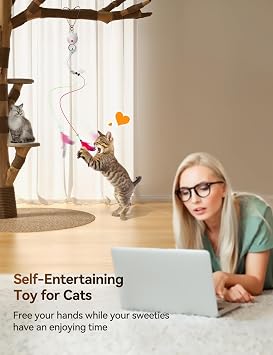 FEELNEEDY Interactive Cat Toys, LED Light, 8 PCS Replacement Teaser with Bell Refills, Feather & Mouse Cats Toy, Hanging Cat Toys for Indoor Cats, for Bored Adult Kitten Exercise, Silver