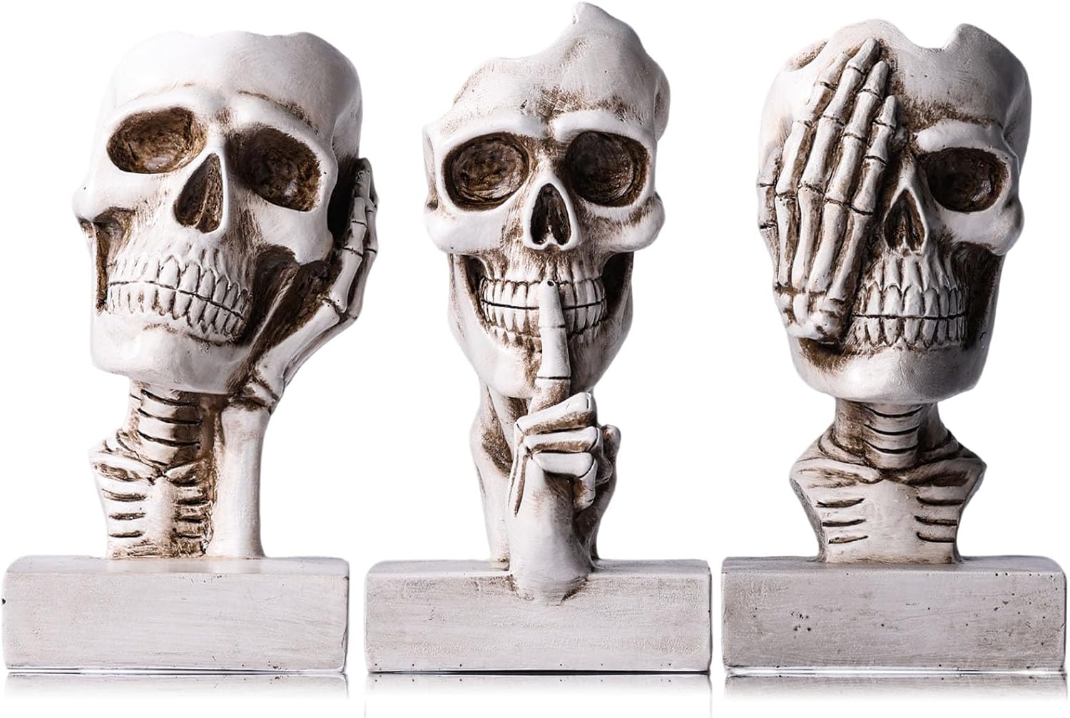 See Hear Speak No Evil Skeleton Figurines Set,Gothic Evil Skull Trio Statue,Vintage Skeletons for Halloween Decorations Indoor,Living Room Fireplace Floating Shelf Coffee Table Centerpiece Decor