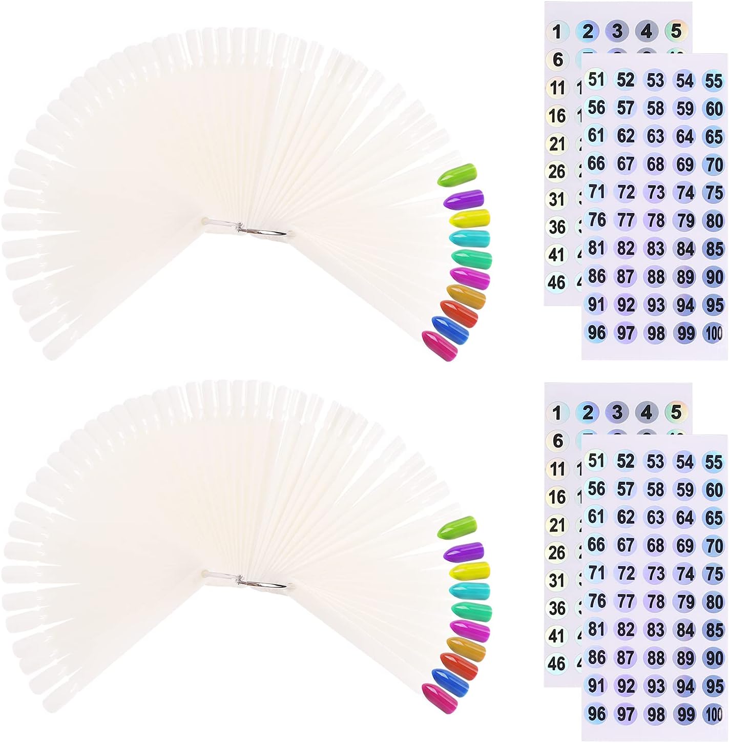 100PCS Fan-Shaped Nail Swatch Sticks with Holographic Number Stickers, Transparent Nail Art Practice Tips, Split Ring for Nail Color Display & Organization