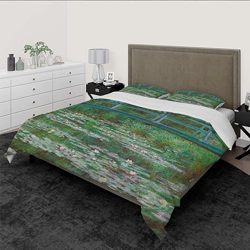 Miniatura 2 de Green Pond Water Lily Funda Napa 3 piezas (1 funda nórdica, 2 fundas de almohada) Funda de edredón de microfibra Suave Claude Monet con cierre de