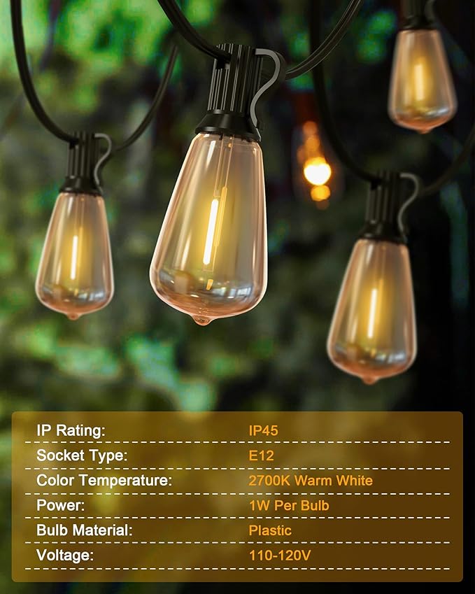 Luces de cuerda para exteriores 50 pies 26 bombillas ST38 2700K miniatura 3