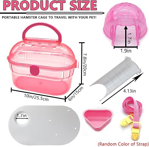 Miniatura 2 de kathson Jaula portátil para hámster enano, jaula de viaje para hámster sirio con cuenco de comida para la casa, correa ajustable, jaulas salientes