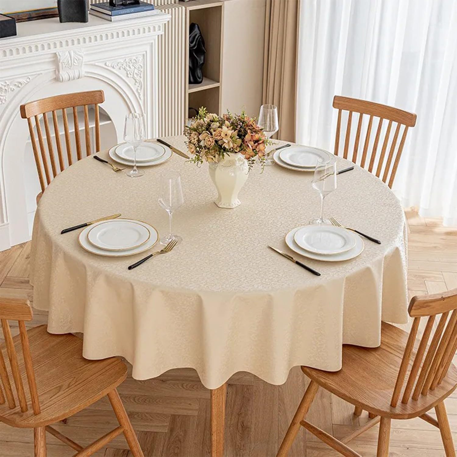 JuanNest Jacquard Round Table Cloth,Outdoor Dining Table Cloth,Design Waterproof Antiwrinkle Spillproof Heavy Weight Soft Tablecloths for Circular Table Cover and Kitchen Dinning Tabletop I,200CM