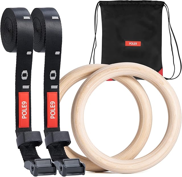 Pole9 Wooden Gymnastic Rings with Straps, Fitness Equipment for Home and Gym | 28mm Gym Rings with Non-Slip Metal Buckle and Bag For Workout