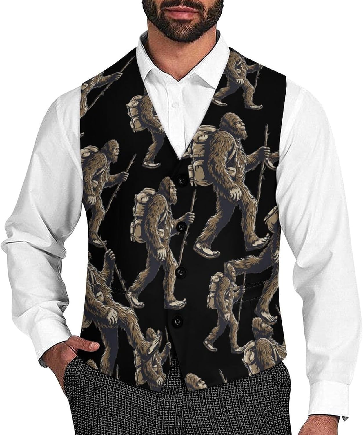 Bigfoot Hiking Sasquatch Men's Formal Suit Vest Slim Waistcoat for Business Tuxedo Dress