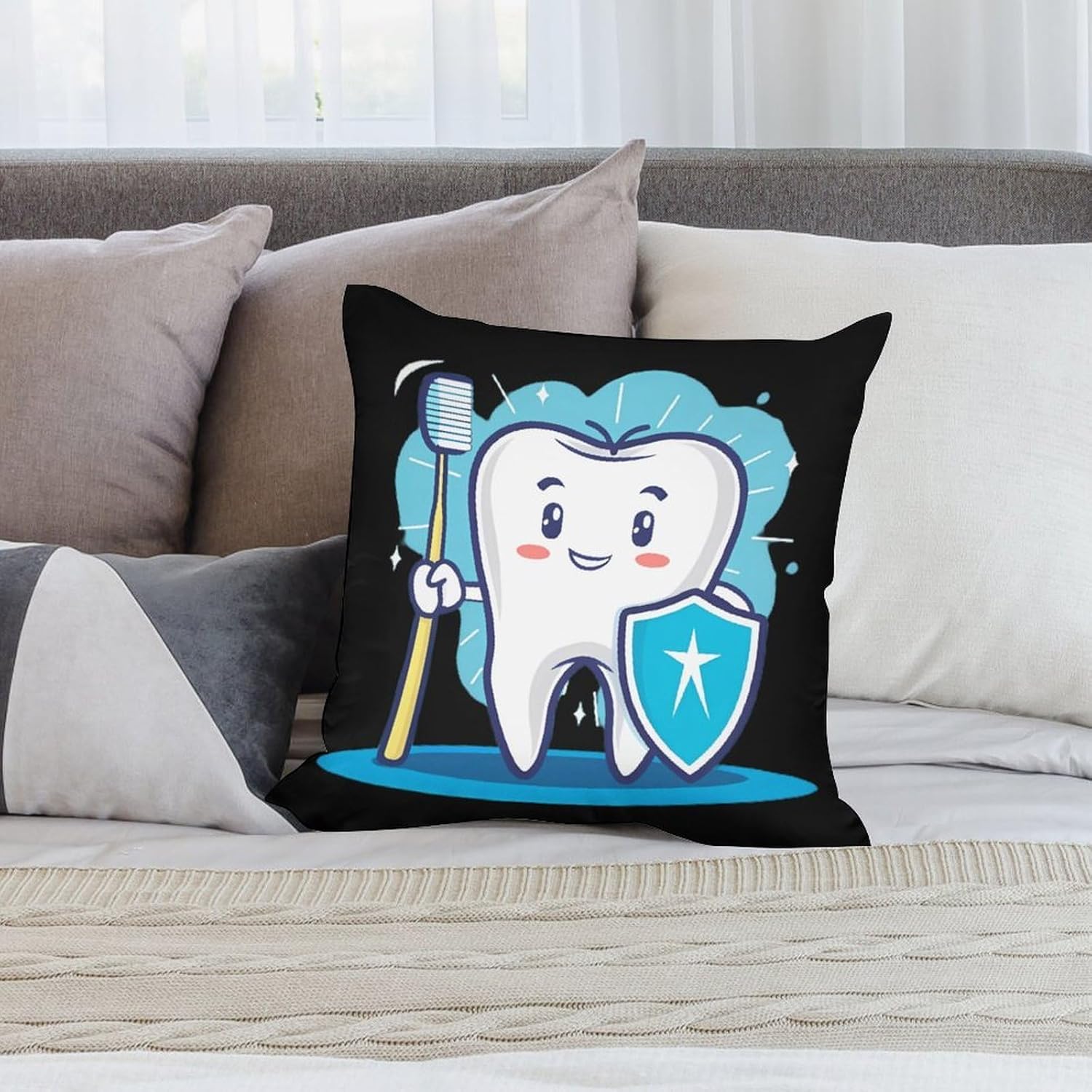Cute Tooth Dentist Guardians Printed Throw Pillow Case 4 Pcs Soft Pillowcases Pillows Covers Sofa Bed Decor 12/14/16/17/18/20/22/24/32 Inches