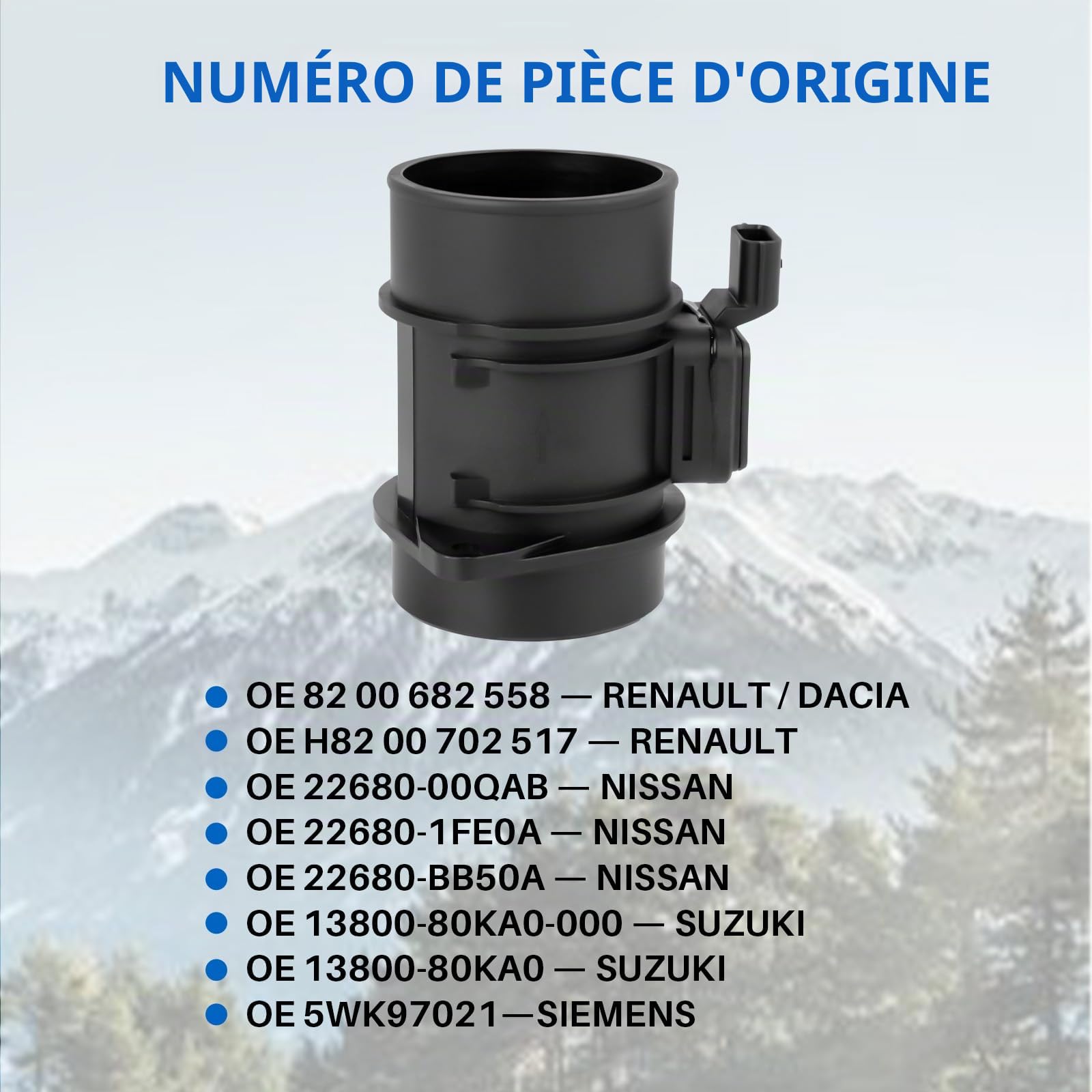 Capteur de débit d'air MAF 4 broches compatible avec Dokker Duster Logan Qashqai Juke Twingo Clio Megane Fluence Remplacement pour 8200682558 5WK97021