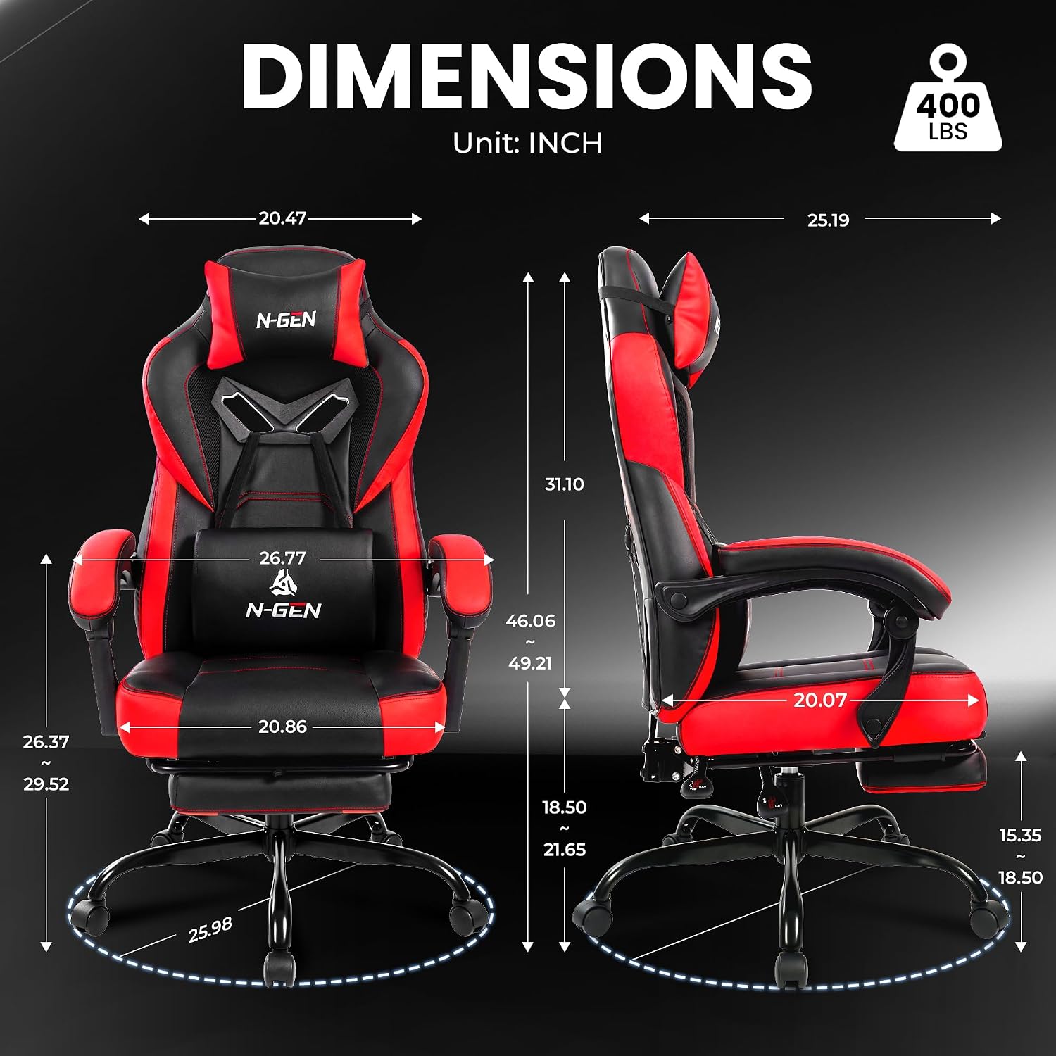 Gaming Chairs with Footrest, Big and Tall Gamer Chair with Headrest and Lumbar Support for Adults, Red