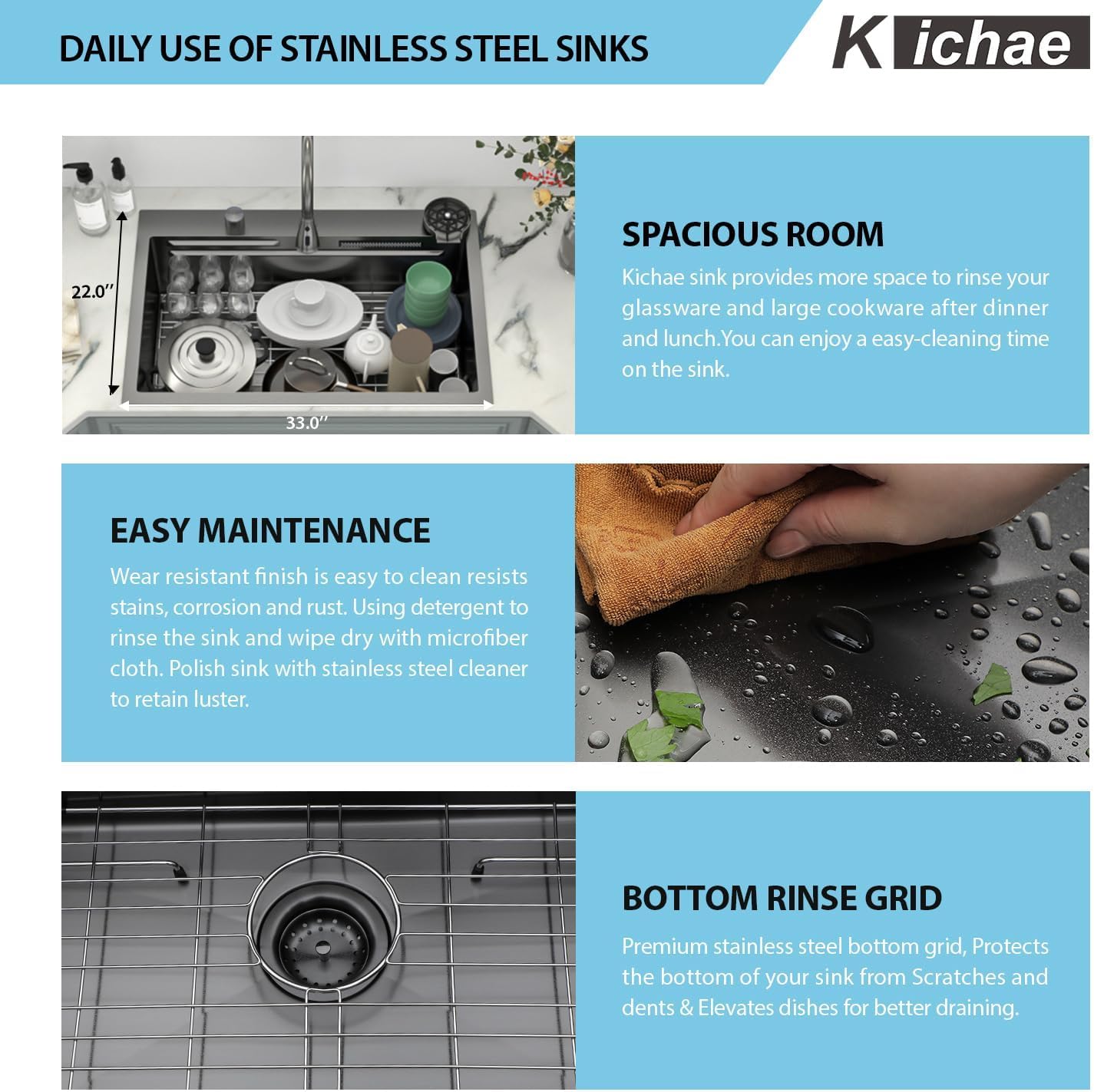 Kichae 33 Black Waterfall Kitchen Sink Drop In - 33x22 Drop Sink Stainless Steel 16 Gauge Single Bowl Waterfall Kitchen Sinks Workstation Handmade with Faucet & Glass Rinser